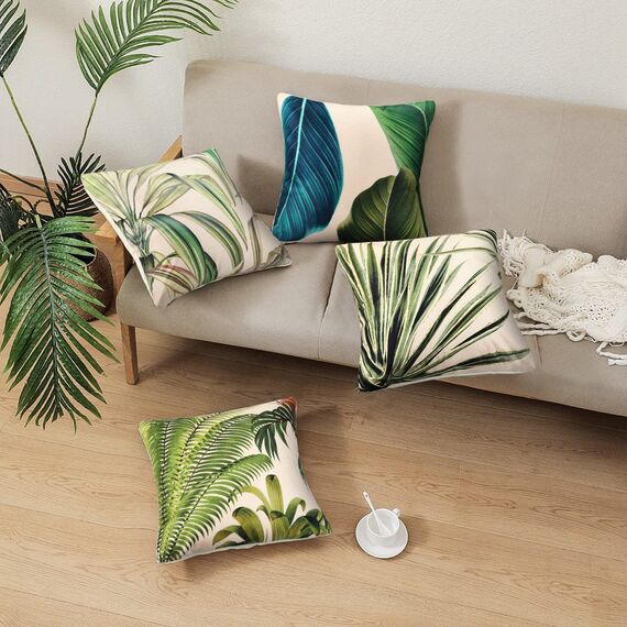 RYBornament Sofakissen Bezug 45x45 Kissenbezug Grün Leinen Kissenbezüge 4er Set Grüne Tropische Pflanzen Deko Kissenhülle Kuschelige Weich Kissenhüllen Für Sofa Kissen Wohnzimmer Garten Deko