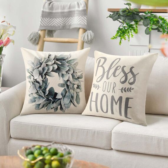 Kissenbezüge 40x40 Blau Grün Dekorative Kissenbezug Eukalyptusblätter Kranz Leinen Herbst Kissenhülle Farmhouse Zierkissenbezüge Für Schlafzimmer Wohnzimmer Outdoor Garten Sofa Deko, 4er Set