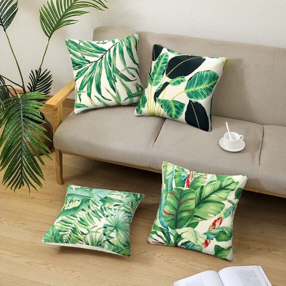 RYBornament Kissenbezug 45x45 Grüne Deko-Kissen Kissenbezug Leinen Tropische Pflanze Blätter Dekorative Kissenhülle 4er-Set Quadratische Modern Tropische Dekorativ Kissenbezug Für Kissensofa Deko