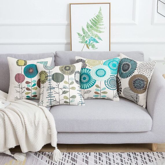 Kissenbezug Sonnenblumen Kissenbezüge 40x40 Blau Blume Zierkissenbezüge 4er-set Kissenhülle Leinen Sofa Kissenhüllen Passend Für Wohnzimmer Schlafzimmer Garten Sofa Couch Kissen Dekoration