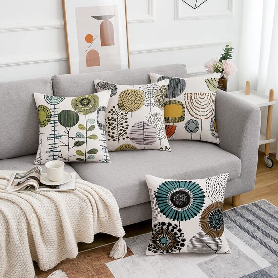 4er Set Kissenbezüge 40x40cm Blumen Dekokissen Kissen Beige Abstrakte Vintage Dekoration Sofakissen Quadrat Leinen Dekorative Kissenhülle Zierkissenbezüge für Sofa Schlafzimmer Wohnzimmer Auto