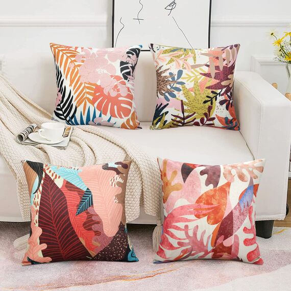 RYBornament 4er Set Kissenbezug Dekorative Kissenbezüge 45 X 45 cm Bunt Tropische Pflanze Leinen Dekoration Kissenhülle Abstrakt Quadratische Kissenbezüg Für Sofa Auto Büro Cafe Outdoor Garten