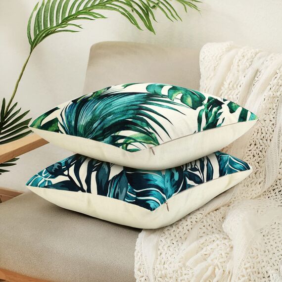 Kissenbezug 40x40 Dekokissen Sofakissen Kissen Dunkelgrün Tropische Pflanze Blätter Dekorative Kissenhülle Quadratische Leinen Natur Aesthetic Kissenhüllen Für Wohnzimmer Home Decor, 4er Set