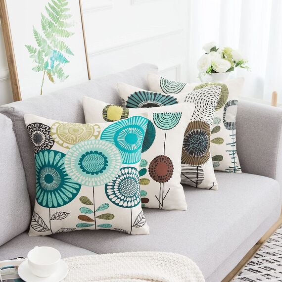 Kissenbezug Sonnenblumen Kissenbezüge 40x40 Blau Blume Zierkissenbezüge 4er-set Kissenhülle Leinen Sofa Kissenhüllen Passend Für Wohnzimmer Schlafzimmer Garten Sofa Couch Kissen Dekoration