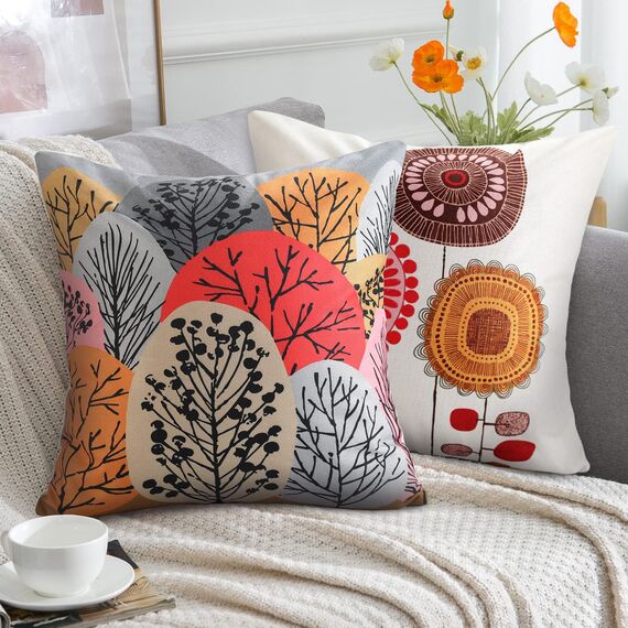 RYBornament 4er Set Dekorativ Kissenbezug Sofakissen Kissen Rot Herbst Blumen Muster Kissenbezüge Leinen Quadratisch Dekokissen Couchkisen 45 x 45 Abstrakt Kissenbezug für Sofa Schlafzimmer Büro Auto