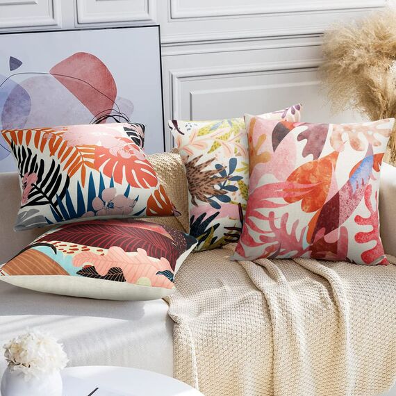 RYBornament 4er Set Kissenbezug Dekorative Kissenbezüge 45 X 45 cm Bunt Tropische Pflanze Leinen Dekoration Kissenhülle Abstrakt Quadratische Kissenbezüg Für Sofa Auto Büro Cafe Outdoor Garten
