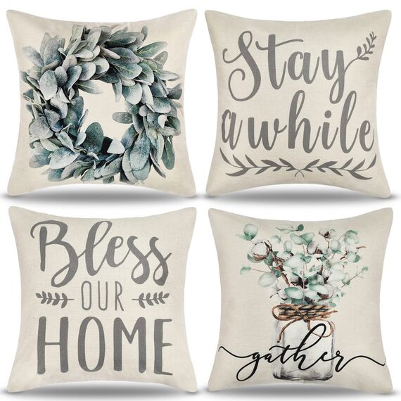 Kissenbezüge 40x40 Blau Grün Dekorative Kissenbezug Eukalyptusblätter Kranz Leinen Herbst Kissenhülle Farmhouse Zierkissenbezüge Für Schlafzimmer Wohnzimmer Outdoor Garten Sofa Deko, 4er Set