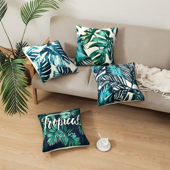 Kissenbezug 40x40 Dekokissen Sofakissen Kissen Dunkelgrün Tropische Pflanze Blätter Dekorative Kissenhülle Quadratische Leinen Natur Aesthetic Kissenhüllen Für Wohnzimmer Home Decor, 4er Set