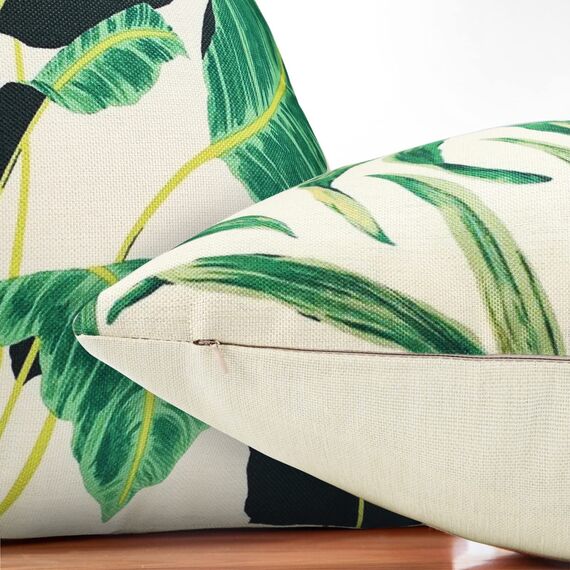 RYBornament Kissenbezug 45x45 Grüne Deko-Kissen Kissenbezug Leinen Tropische Pflanze Blätter Dekorative Kissenhülle 4er-Set Quadratische Modern Tropische Dekorativ Kissenbezug Für Kissensofa Deko