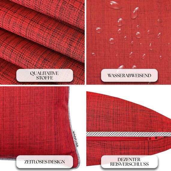 Brandsseller 4er Set Outdoor Kissen 45x45 cm – Wetterfeste Zierkissen mit Paspel in Leinenoptik – Wasserabweisende Gartenkissen & Dekokissen für draußen – Sofakissen für Balkon & Terrasse - Rot
