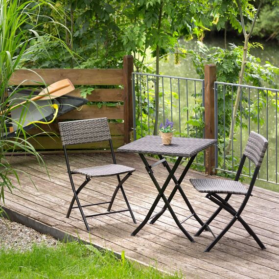 tectake® Rattan Balkon oder Garten Bistro Möbel Set, Sitzgruppe mit 2 Stühlen und 1 Kleiner Esstisch, platzsparend klappbar, Gartenmöbel, Balkonmöbel Kleiner Balkon - grau