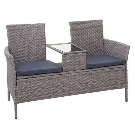 Mendler Poly-Rattan Sitzbank mit Tisch HWC-E24, Gartenbank Sitzgruppe Gartensofa, 132cm - grau, Kissen dunkelgrau