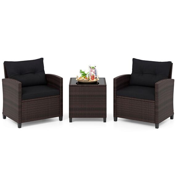 COSTWAY Rattan Gartenmöbel Set, 3-TLG. Balkonmöbel inkl. 2 Sessel, Kissen & Tisch mit gehärteter Glasplatte, Balkon Möbel klein, Wetterfeste Sitzgruppe 2 Personen, Terassenmöbel für Garten Balkon