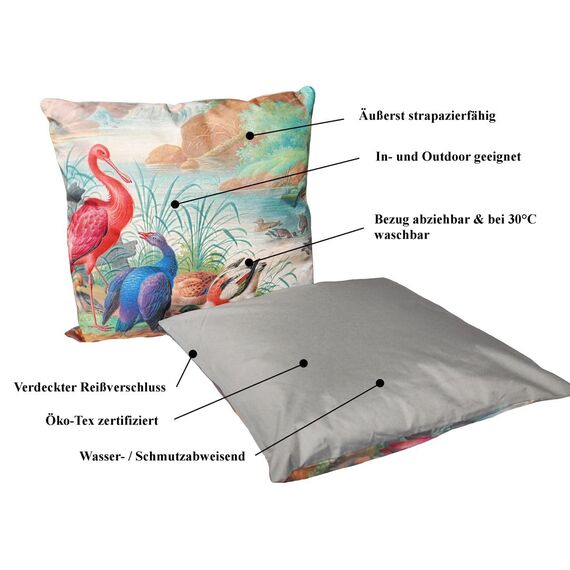 JACK Outdoor Lounge Kissen 45x45cm Motiv Dekokissen inkl. Füllung Wasserfest Sitzkissen Garten Stuhl, Farbe:Vogelparadies
