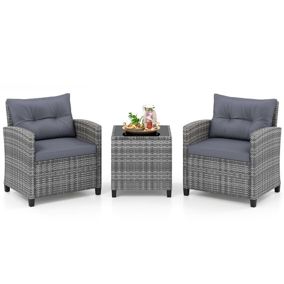 COSTWAY Rattan Gartenmöbel Set, 3-TLG. Balkonmöbel inkl. 2 Sessel, Kissen & Tisch mit gehärteter Glasplatte, Balkon Möbel klein, Wetterfeste Sitzgruppe 2 Personen, Terassenmöbel für Garten Balkon