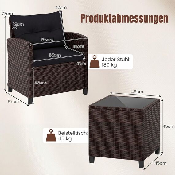 COSTWAY Rattan Gartenmöbel Set, 3-TLG. Balkonmöbel inkl. 2 Sessel, Kissen & Tisch mit gehärteter Glasplatte, Balkon Möbel klein, Wetterfeste Sitzgruppe 2 Personen, Terassenmöbel für Garten Balkon