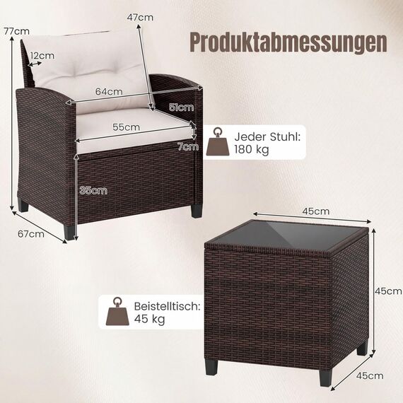 COSTWAY Rattan Gartenmöbel Set, 3-TLG. Balkonmöbel inkl. 2 Sessel, Kissen & Tisch mit gehärteter Glasplatte, Balkon Möbel klein, Wetterfeste Sitzgruppe 2 Personen, Terassenmöbel für Garten Balkon
