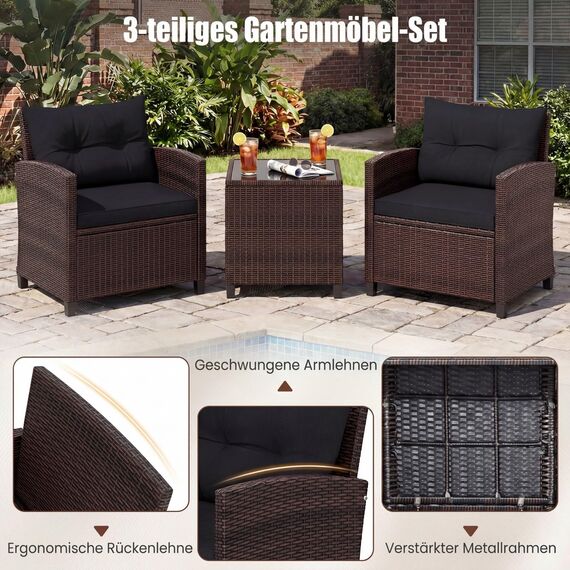 COSTWAY Rattan Gartenmöbel Set, 3-TLG. Balkonmöbel inkl. 2 Sessel, Kissen & Tisch mit gehärteter Glasplatte, Balkon Möbel klein, Wetterfeste Sitzgruppe 2 Personen, Terassenmöbel für Garten Balkon