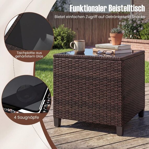 COSTWAY Rattan Gartenmöbel Set, 3-TLG. Balkonmöbel inkl. 2 Sessel, Kissen & Tisch mit gehärteter Glasplatte, Balkon Möbel klein, Wetterfeste Sitzgruppe 2 Personen, Terassenmöbel für Garten Balkon