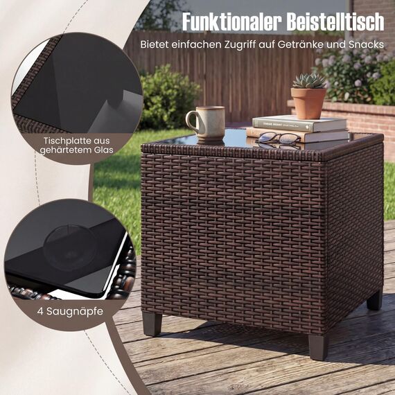 COSTWAY Rattan Gartenmöbel Set, 3-TLG. Balkonmöbel inkl. 2 Sessel, Kissen & Tisch mit gehärteter Glasplatte, Balkon Möbel klein, Wetterfeste Sitzgruppe 2 Personen, Terassenmöbel für Garten Balkon