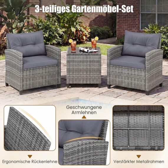 COSTWAY Rattan Gartenmöbel Set, 3-TLG. Balkonmöbel inkl. 2 Sessel, Kissen & Tisch mit gehärteter Glasplatte, Balkon Möbel klein, Wetterfeste Sitzgruppe 2 Personen, Terassenmöbel für Garten Balkon