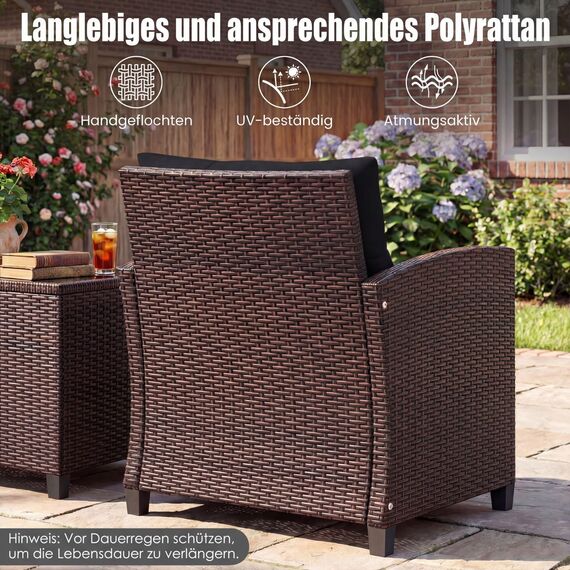 COSTWAY Rattan Gartenmöbel Set, 3-TLG. Balkonmöbel inkl. 2 Sessel, Kissen & Tisch mit gehärteter Glasplatte, Balkon Möbel klein, Wetterfeste Sitzgruppe 2 Personen, Terassenmöbel für Garten Balkon