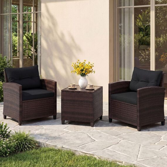 COSTWAY Rattan Gartenmöbel Set, 3-TLG. Balkonmöbel inkl. 2 Sessel, Kissen & Tisch mit gehärteter Glasplatte, Balkon Möbel klein, Wetterfeste Sitzgruppe 2 Personen, Terassenmöbel für Garten Balkon