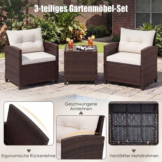 COSTWAY Rattan Gartenmöbel Set, 3-TLG. Balkonmöbel inkl. 2 Sessel, Kissen & Tisch mit gehärteter Glasplatte, Balkon Möbel klein, Wetterfeste Sitzgruppe 2 Personen, Terassenmöbel für Garten Balkon