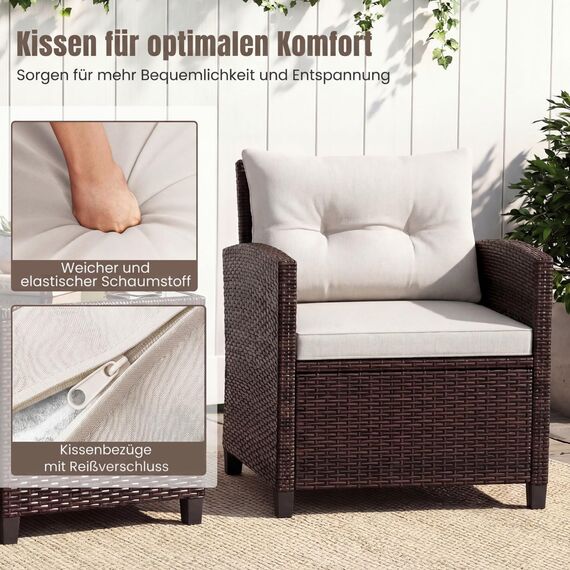 COSTWAY Rattan Gartenmöbel Set, 3-TLG. Balkonmöbel inkl. 2 Sessel, Kissen & Tisch mit gehärteter Glasplatte, Balkon Möbel klein, Wetterfeste Sitzgruppe 2 Personen, Terassenmöbel für Garten Balkon
