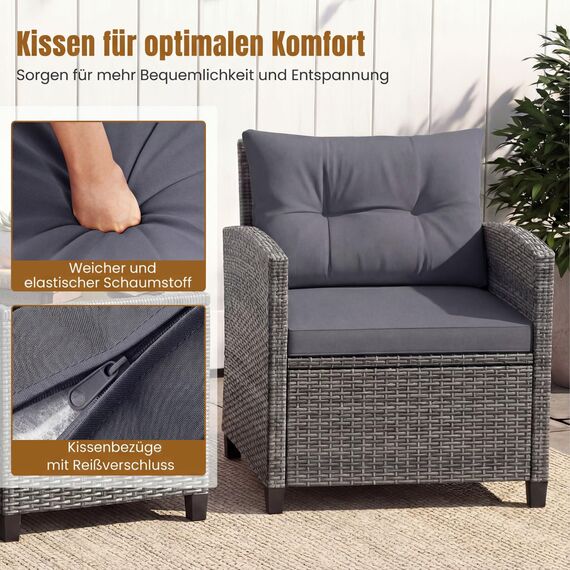 COSTWAY Rattan Gartenmöbel Set, 3-TLG. Balkonmöbel inkl. 2 Sessel, Kissen & Tisch mit gehärteter Glasplatte, Balkon Möbel klein, Wetterfeste Sitzgruppe 2 Personen, Terassenmöbel für Garten Balkon
