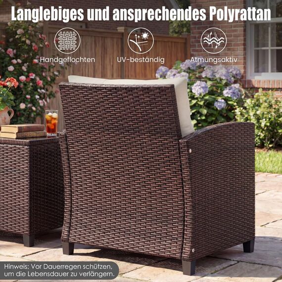 COSTWAY Rattan Gartenmöbel Set, 3-TLG. Balkonmöbel inkl. 2 Sessel, Kissen & Tisch mit gehärteter Glasplatte, Balkon Möbel klein, Wetterfeste Sitzgruppe 2 Personen, Terassenmöbel für Garten Balkon
