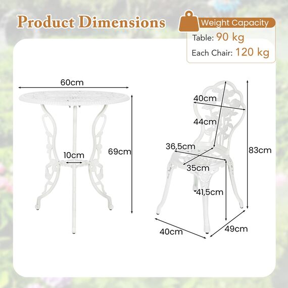 GIANTEX 3-teiliges Bistro Set, Bistrotisch mit 2 Stühlen, Gartenmöbel Set Aluminium, Gartenset Balkonset Antik, Runder Gartentisch, Balkonmöbel Garten Sitzgruppe 2 Sitzhocker Outdoor (Weiß)