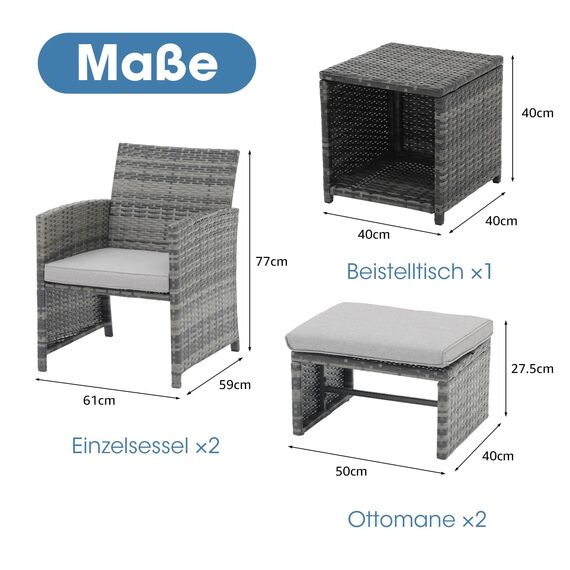 OC Orange-Casual 5-teiliges Terrassenmöbel-Set, Korbgeflecht, Outdoor-Gesprächsstuhl und Ottomanen-Set mit Couchtisch, Kissen inklusive, für Balkon, Veranda, Deck, Hellgrau