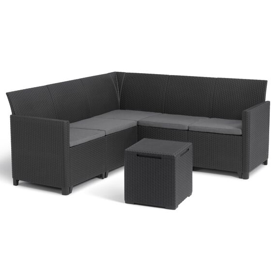 Keter Nora - Ecksofa für Garten oder Terrasse, 5-Sitzer, mit Kissen und Beistelltisch mit 35 l Stauraum, Farbe Graphit