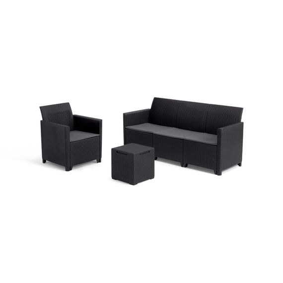 Keter Nora Gartenmöbel Lounge Set, inkl. Sitzkissen, grau, für 4 Personen, wahlweise 3er Sofa + Sessel oder 2x 2-Sitzer Sofa und Tisch