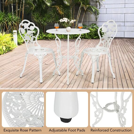 GIANTEX 3-teiliges Bistro Set, Bistrotisch mit 2 Stühlen, Gartenmöbel Set Aluminium, Gartenset Balkonset Antik, Runder Gartentisch, Balkonmöbel Garten Sitzgruppe 2 Sitzhocker Outdoor (Weiß)