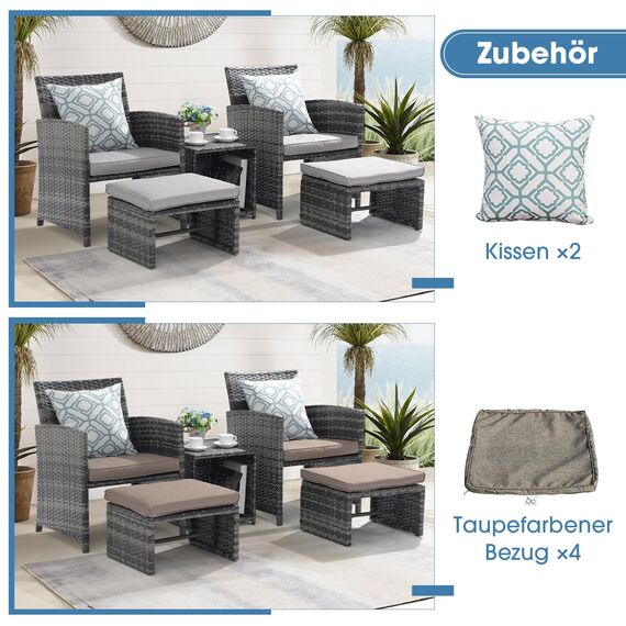 OC Orange-Casual 5-teiliges Terrassenmöbel-Set, Korbgeflecht, Outdoor-Gesprächsstuhl und Ottomanen-Set mit Couchtisch, Kissen inklusive, für Balkon, Veranda, Deck, Hellgrau