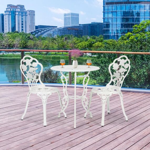 GIANTEX 3-teiliges Bistro Set, Bistrotisch mit 2 Stühlen, Gartenmöbel Set Aluminium, Gartenset Balkonset Antik, Runder Gartentisch, Balkonmöbel Garten Sitzgruppe 2 Sitzhocker Outdoor (Weiß)