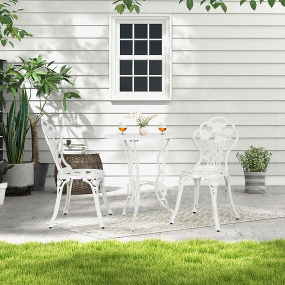 GIANTEX 3-teiliges Bistro Set, Bistrotisch mit 2 Stühlen, Gartenmöbel Set Aluminium, Gartenset Balkonset Antik, Runder Gartentisch, Balkonmöbel Garten Sitzgruppe 2 Sitzhocker Outdoor (Weiß)