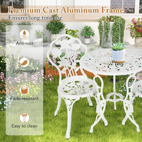 GIANTEX 3-teiliges Bistro Set, Bistrotisch mit 2 Stühlen, Gartenmöbel Set Aluminium, Gartenset Balkonset Antik, Runder Gartentisch, Balkonmöbel Garten Sitzgruppe 2 Sitzhocker Outdoor (Weiß)