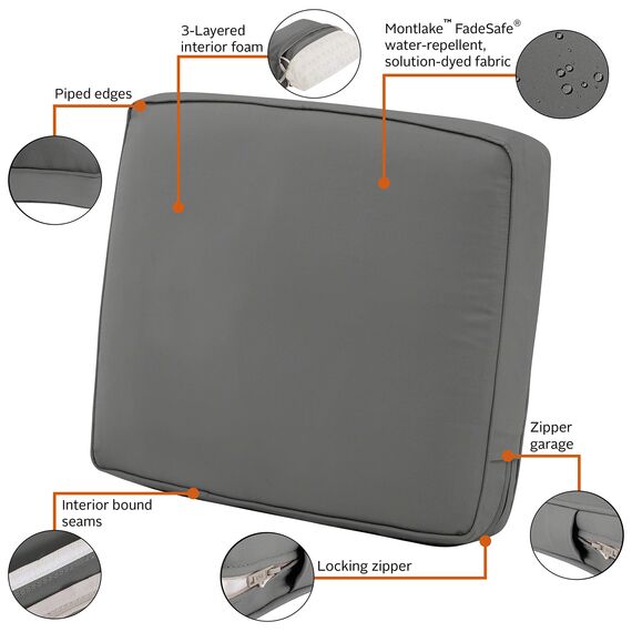 Classic Accessories Montlake Wasserabweisendes Rückenkissen für Terrasse, Lounge, 58,9 x 55,9 x 10,2 cm, Hellanthrazit, für den Außenbereich