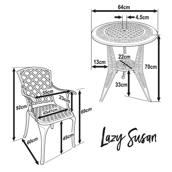 Lazy Susan, Ivy-Bistro-Tisch aus Aluguss mit 2 Stühlen | Garten-Set | Antik-Bronze | Aluminium | 3 Jahre Garantie | (2 x Emma Stühlen)