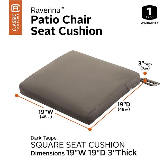 CLASSIC ACCESSORIES Ravenna Water-Resistant 19 x 19 x 3 Inch Patio Seat Cushion, Dark Taupe