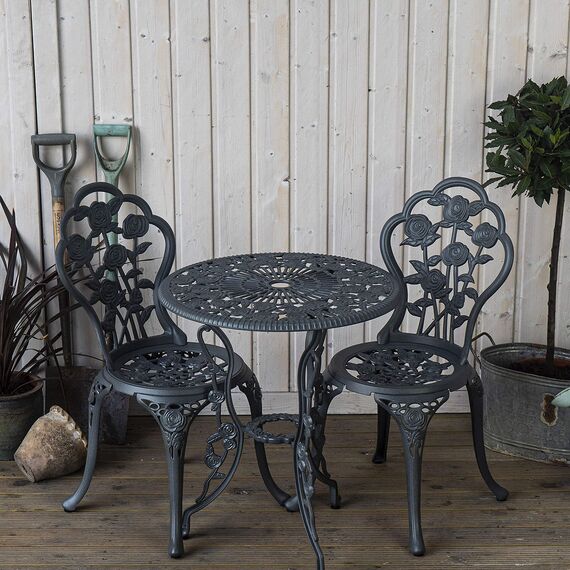 Lazy Susan London Rose Gartenmöbel-Set, rund, 2-Sitzer, Aluminiumguss, wetterfest, wartungsfrei, passende Bistro-Stühle, 3 Jahre Garantie, schiefergraue Oberfläche