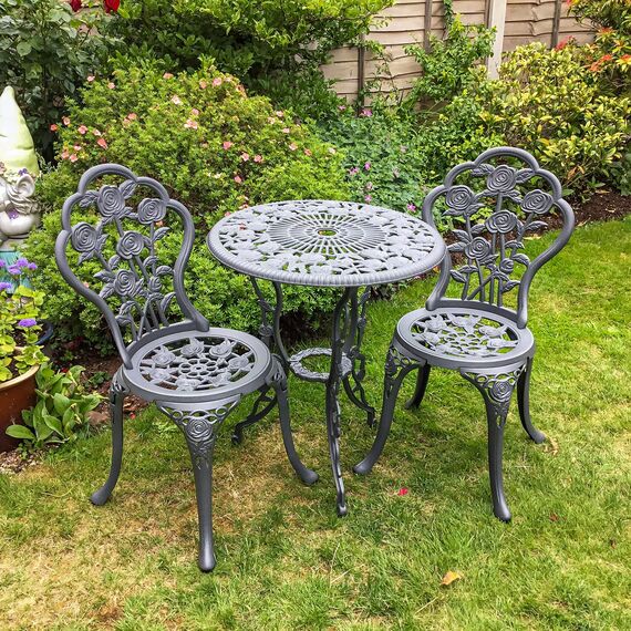 Lazy Susan London Rose Gartenmöbel-Set, rund, 2-Sitzer, Aluminiumguss, wetterfest, wartungsfrei, passende Bistro-Stühle, 3 Jahre Garantie, schiefergraue Oberfläche