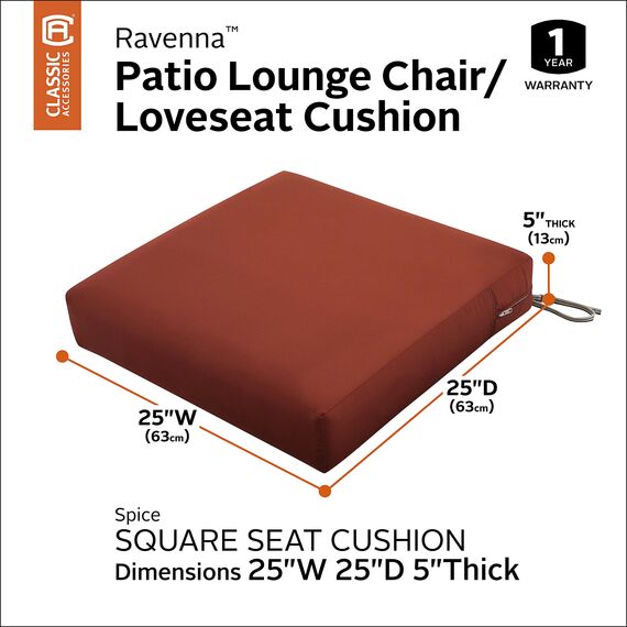 CLASSIC ACCESSORIES Ravenna Wasserabweisendes, quadratisches Sitzkissen für den Außenbereich, 63,5 x 63,5 x 12,7 cm, mit Bezug und Schaumstoff, Spice, Polster für Liegestühle