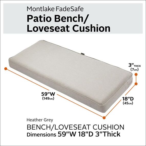 Classic Accessories Montlake Wasserabweisendes Outdoor-Bankkissen, Terrassenmöbel, Schaukelkissen, 150 x 45 x 7,6 cm, Grau meliert