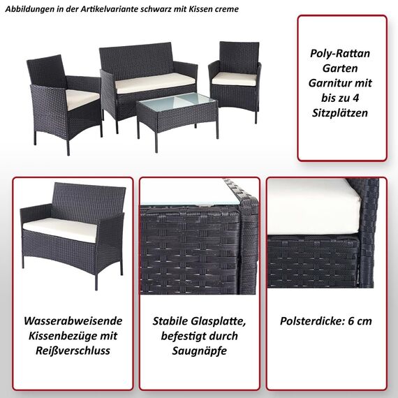 Mendler Poly-Rattan Garten-Garnitur HWC-D82, Sitzgruppe Lounge-Set - schwarz mit Kissen anthrazit