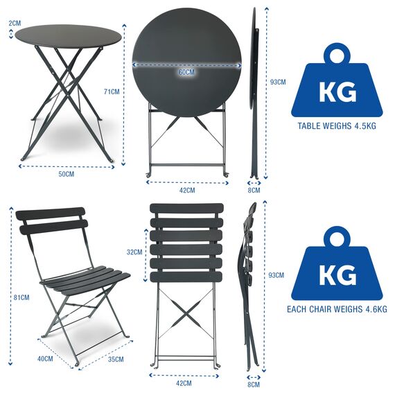 SUNMER Patio Bistro Set 3-teilig mit klappbarem Tisch und Stühlen - Gestell aus pulverbeschichtetem Stahl, leicht zu transportieren, jeder Stuhl kann 120 kg tragen - ideal für Garten, Terrasse, Balkon