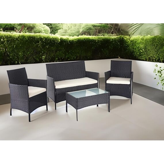 Mendler Poly-Rattan Garten-Garnitur HWC-D82, Sitzgruppe Lounge-Set - schwarz mit Kissen Creme
